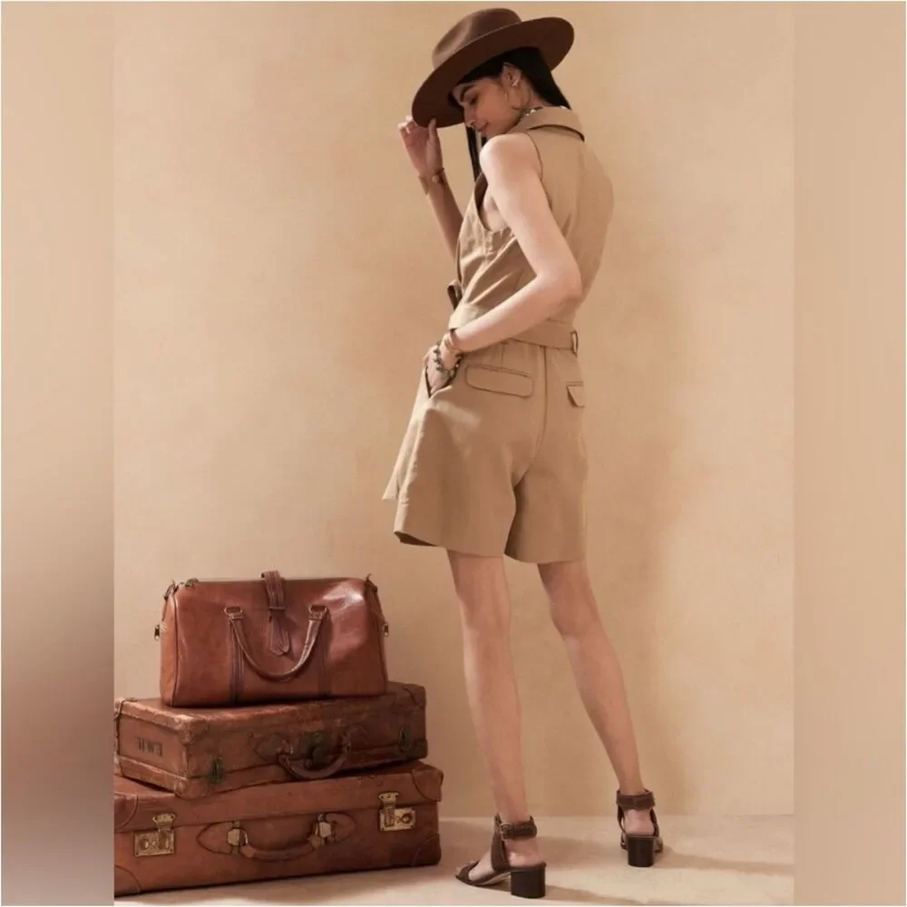Banana Republic Safari Camp Romper Tan Linen Cotton Belted Women 4 Granola Girl
